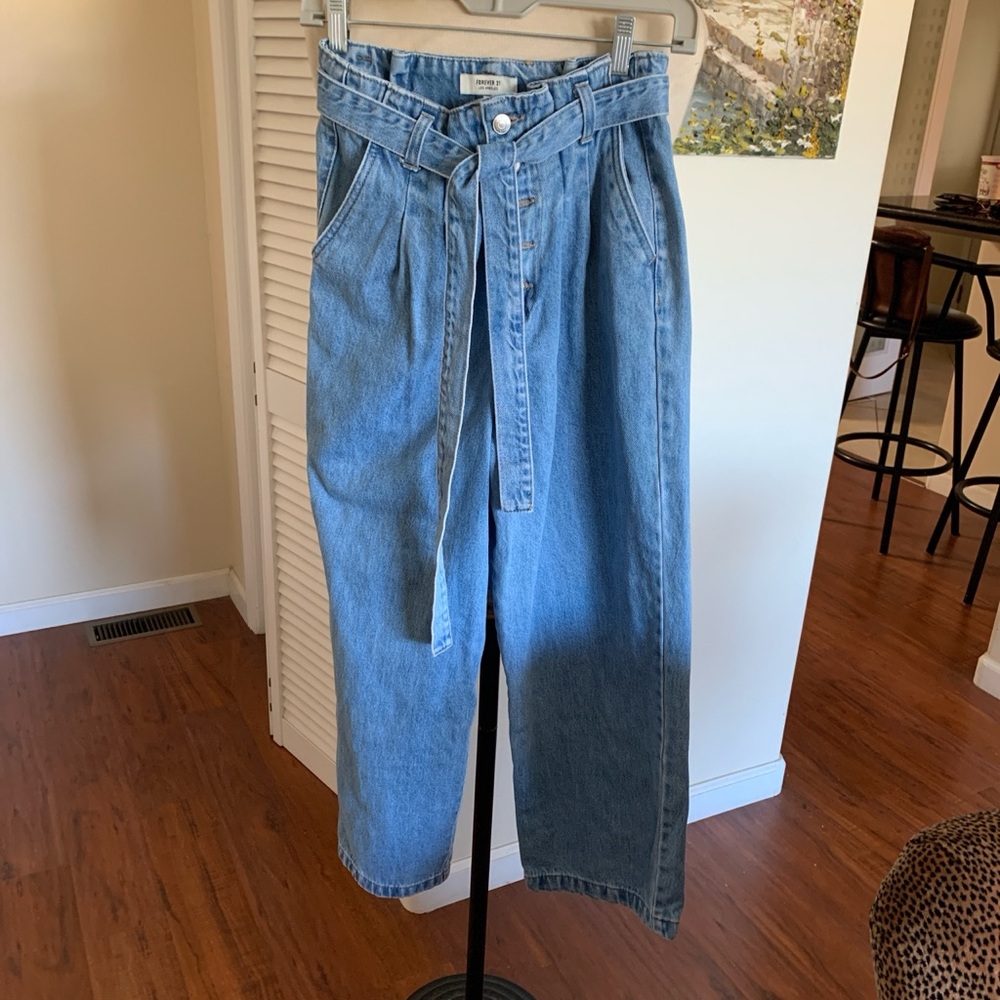 Forever 21 Light Blue Straight-Leg  button front Jeans with Self-Tie Belt